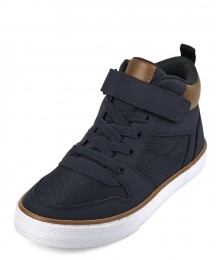 Childrens Place Navy With Brown Strip Lace-Up High Top Sneakers